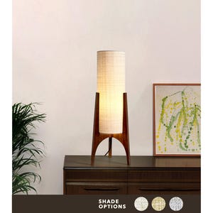 Beige Table Lamp — Mid-Century Rocket Lamp Handmade in Hardwood with Recycled Fabric Shade