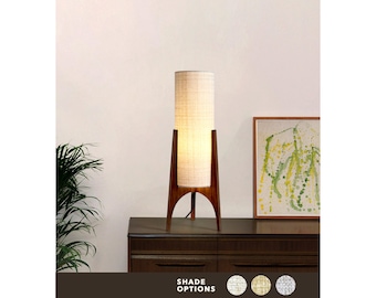 Beige Table Lamp — Mid-Century Rocket Lamp Handmade in Hardwood with Recycled Fabric Shade