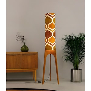 Archie Rocket Floor Lamp in Honey Mustard – Handmade Lampshade from Vintage 70s Fabric & Handmade Wooden Lamp Base – Mid Century Retro Lamp