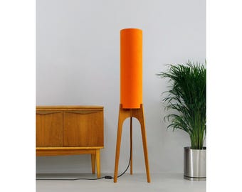 Orange Handmade Wooden Floor Lamp – Mid Century Modern Rocket Lamp handcrafted with Hardwood & Recycled Fabric Lampshade
