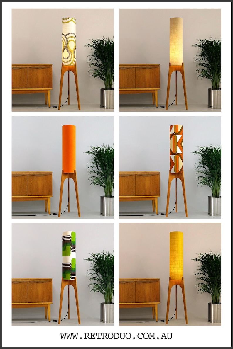 Collage of Archie Rocket Floor lamp collections with a geometric design in various settings.