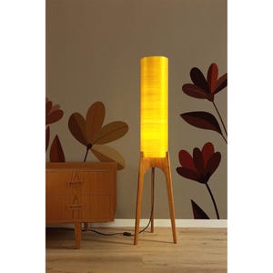 Saffron Yellow - Archie Rocket Lamp | Handmade Wood Floor Lamp with Premium Raw Silk Lampshade | Mid Century Modern Inspired Lighting