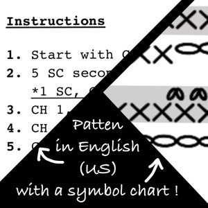 May include: Black and white crochet pattern instructions in English (US) with a symbol chart. The chart shows different stitches, including single crochet, chain, and double crochet.