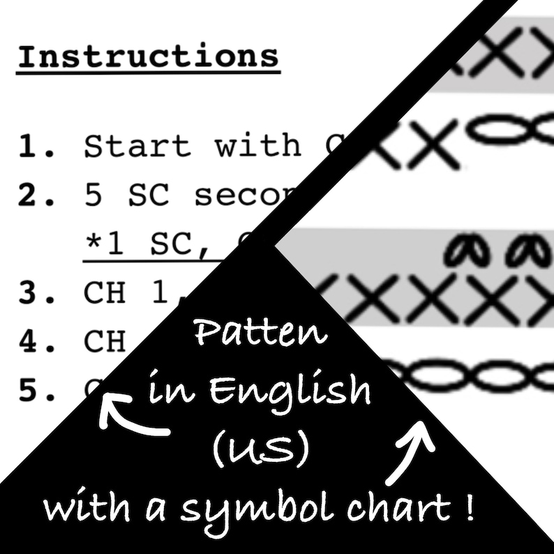 May include: Black and white crochet pattern instructions in English (US) with a symbol chart. The chart shows different stitches, including single crochet, chain, and double crochet.