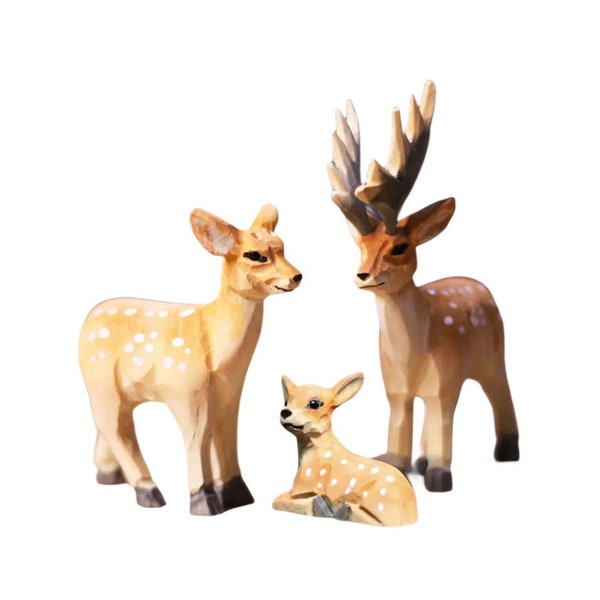 Handmade Sika Deer Family Ornament - Painted Wooden Deer Statue - Carving Wood Carving Animals - Wood Carving Decorative Sculpture