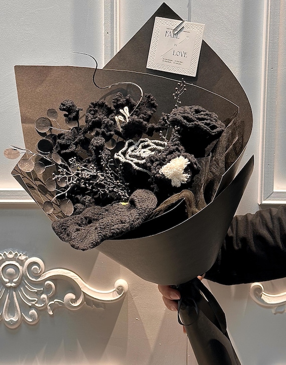 Gothic Black Crochet Flower Bouquet, Handmade Forever Blooms