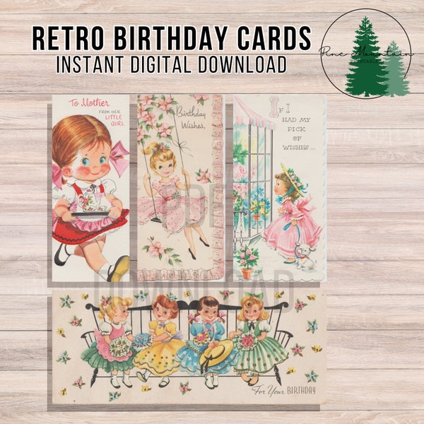 Printable Vintage Retro Little Girl Birthday Card Digital Collage Sheet - Instant PDF | PNG Download - Scrapbooking - Crafting - 300ppi