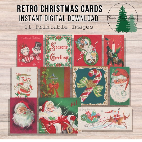 Vintage Christmas Card Image Printable, Christmas Printable Ephemera, Junk Journal, 50s Christmas Cards, Retro Santa Reindeer PNG Download