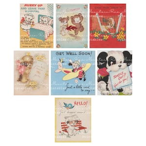 Cartões Vintage Retro Get Well Dog para impressão - Folha de colagem digital - PDF instantâneo | Download PNG - Scrapbooking - Artesanato - 300ppi