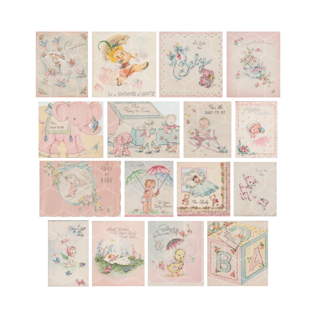 Printable Vintage Retro Baby Shower Cards - Digital Collage Sheet