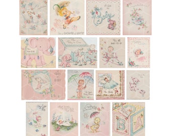 Printable Vintage Retro Baby Shower Cards - Digital Collage Sheet - Instant PDF | PNG Download - Scrapbooking - Crafting - 300ppi