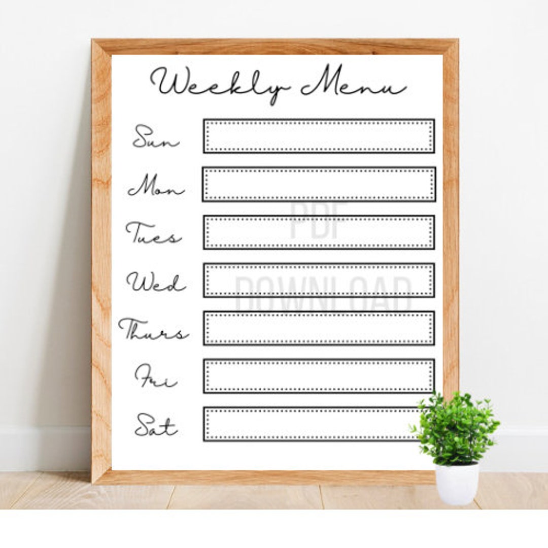 Weekly Menu Planner SVG, Printable Weekly Menu Download, Dry Erase