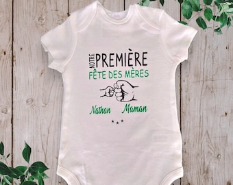 Bodies Personalized unisex baby bodysuit "Our First Mother's Day with the first name of your choice" and different colors of your choice