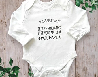 Unisex baby bodysuits pregnancy announcements "I can't wait to meet you and I already love you grandpa, grandma"