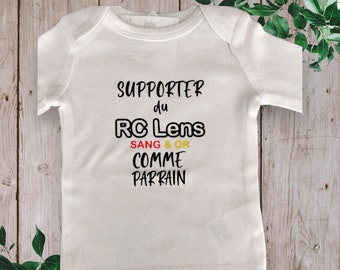 Body bébé ou t-shirt unisexe personnalisé "Supporter ou Supportrice du RC LENS sang & or comme Papa ou le mot de votre choix (Parrain,Papi)"
