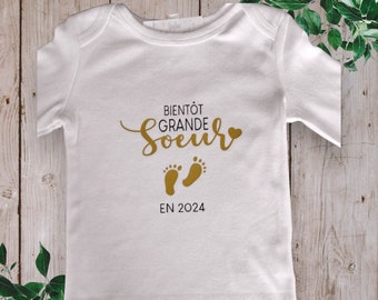 Bodie ou T-shirts unisexe personnalisé Annonces grossesse "Bientôt Grande sœur en 2024 ou Bientôt Grand frère en 2024"