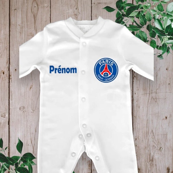 Pyjama bébé unisexe personnalisé " LOGO PSG avec le Prénom de votre choix " Couleur du prénom Bleu Royal ou Rouge au choix