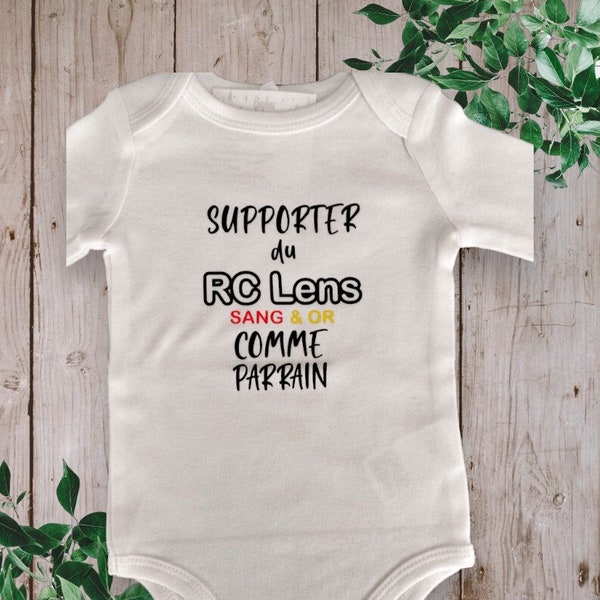 Baby bodysuit or personalized unisex t-shirt "Supporter of RC LENS blood & gold like Dad or the word of your choice (Godfather, Grandpa)"