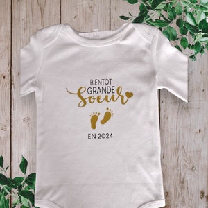 Bodie ou T-shirts unisexe personnalisé Annonces grossesse Bientôt Grande sœur en 2024 ou Bientôt Grand frère en 2024 OR
