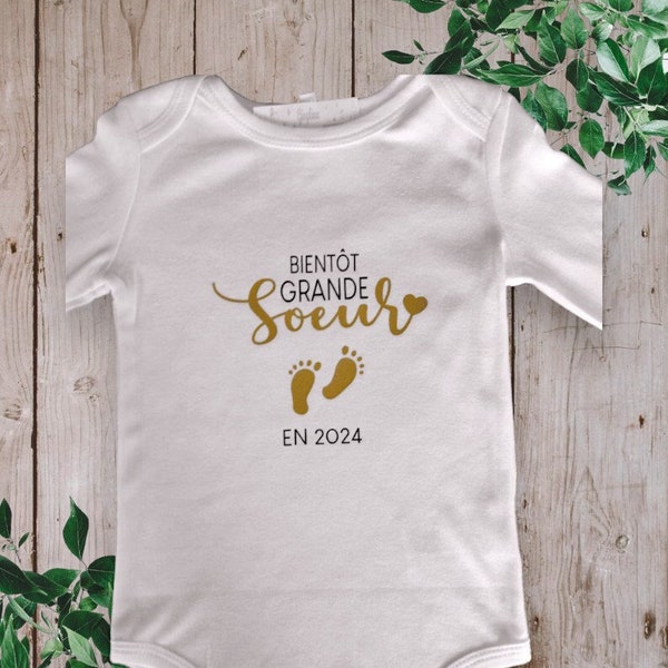 Bodie ou T-shirts unisexe personnalisé Annonces grossesse "Bientôt Grande sœur en 2024 ou Bientôt Grand frère en 2024"