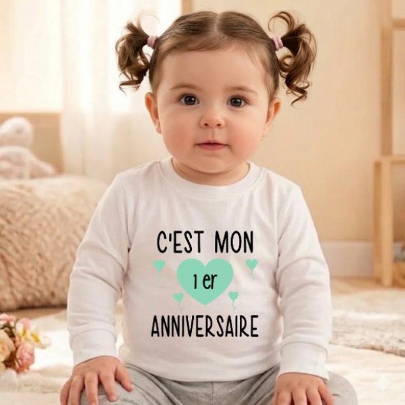 May include: A baby wearing a white long-sleeved shirt with the French text "C'EST MON 1er ANNIVERSAIRE" in black. A turquoise heart and small turquoise hearts are also on the shirt. The baby has brown hair and is looking at the camera.