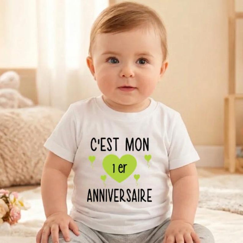 May include: A baby wearing a white t-shirt with the French text "C'EST MON 1er ANNIVERSAIRE" in black. The text is centered and includes a green heart graphic. The baby is sitting and looking at the camera.