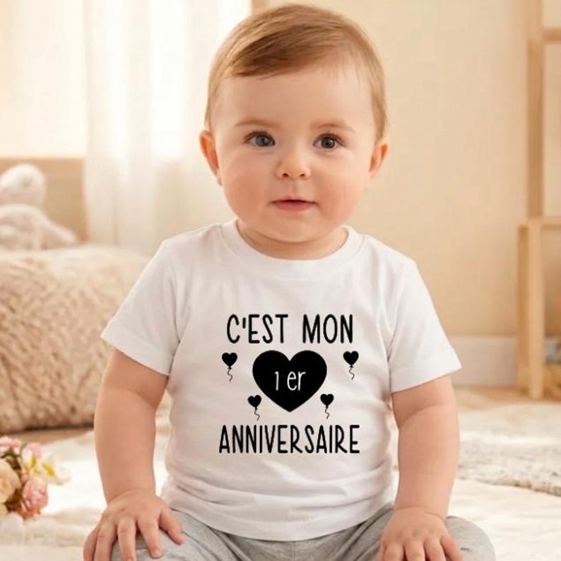May include: A white t-shirt with the text "C'EST MON 1er ANNIVERSAIRE" in black. The design includes a black heart with the number 1 inside, and small heart accents. The shirt is worn by a baby.