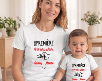 Ensemble maman bébé Fête des mères personnalisé – T-shirt maman + body bébé assortis – Première fête des mères – Couleur au choix voir photo