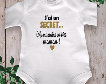 Bodies Body ou t-shirt bébé unisexe pour Annoncer une grossesse "J'ai un SECRET… ma marraine va être Maman !" ou autre mot de votre choix