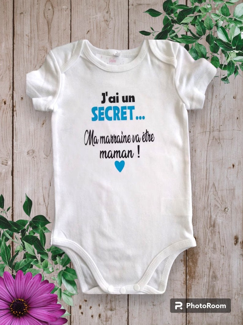 Bodies Body ou t-shirt bébé unisexe pour Annoncer une grossesse J'ai un SECRET ma marraine va être Maman ou autre mot de votre choix image 4