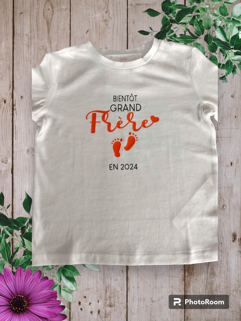 Bodie ou T-shirts unisexe personnalisé Annonces grossesse Bientôt Grande sœur en 2024 ou Bientôt Grand frère en 2024 Orange