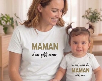 Ensemble Duo Maman Bébé Assorti idéal pour un cadeau Maman d'un petit cœur et le petit cœur de Maman c'est moi, T-shirt ou en body pour bébé