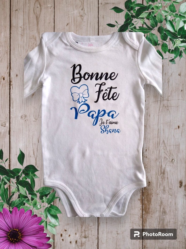 Personalized unisex baby bodysuits Happy Birthday DAD or the word of your choice Mom, grandma, etc. I love you and the first name of your choice Bleu royal