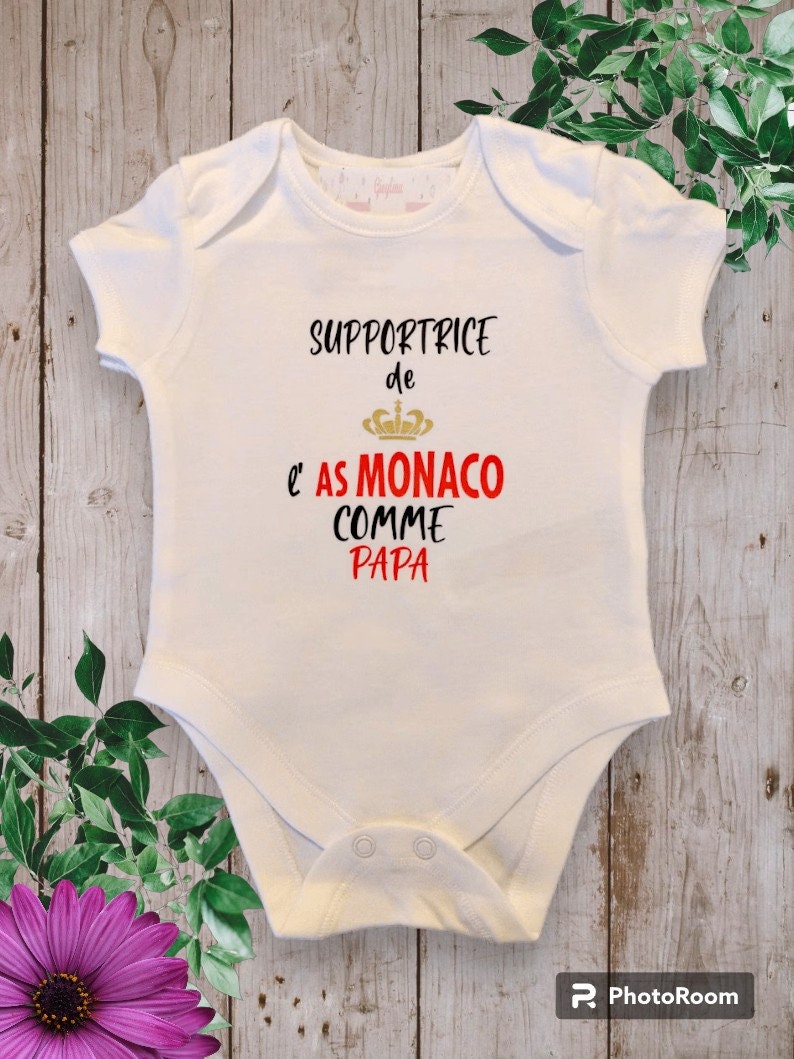 Bodies body bébé unisexe personnalisé Supportrice ou Supporter au choix de l'AS MONACO Comme PAPA ou avec le mot de votre choix image 1