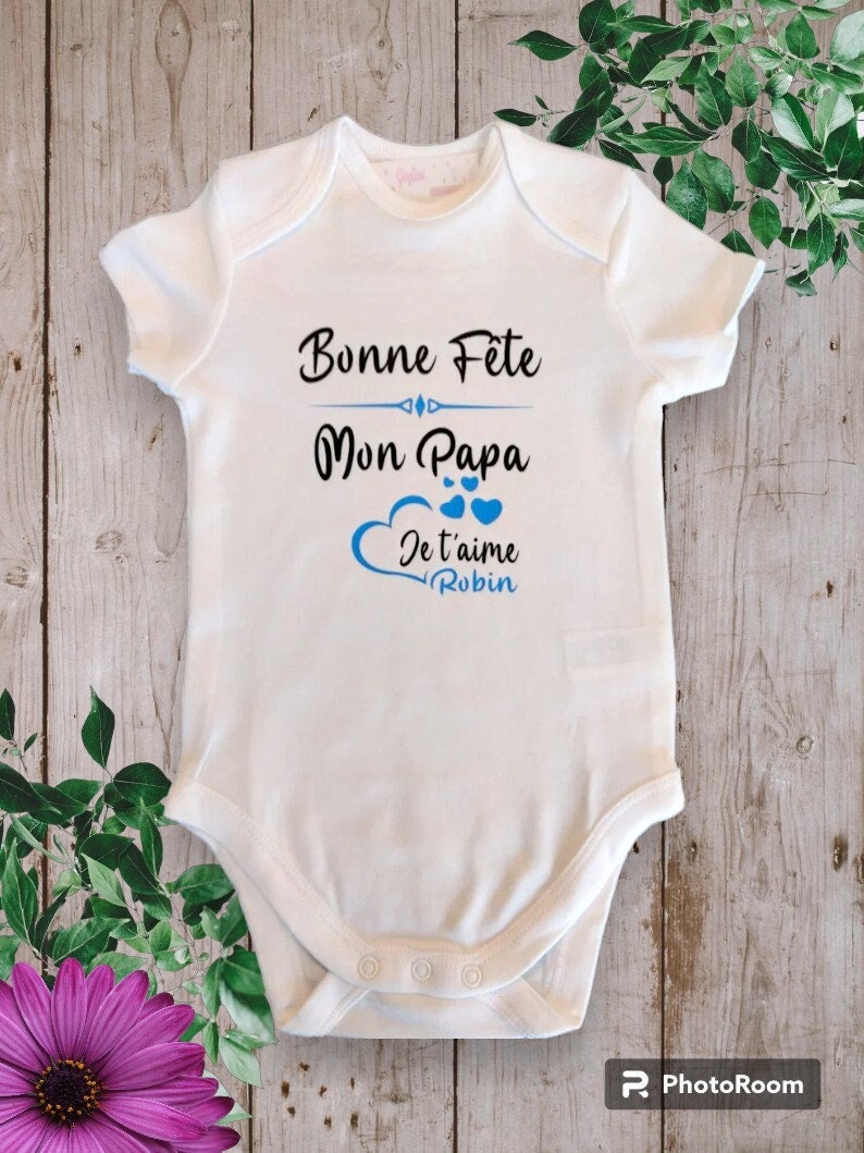 Personalized Baby Bodysuit Happy Birthday My Dad or the word of your choice My Grandma, My Mom... with First Name bleu clair