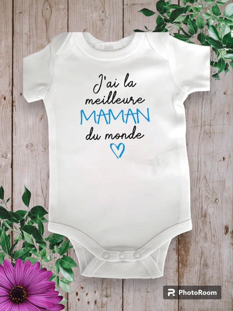 Bodys de bebé unisex personalizados Tengo la Mejor MAMÁ del Mundo o con la palabra que tú elijas TATA, ABUELA... Bleu ciel