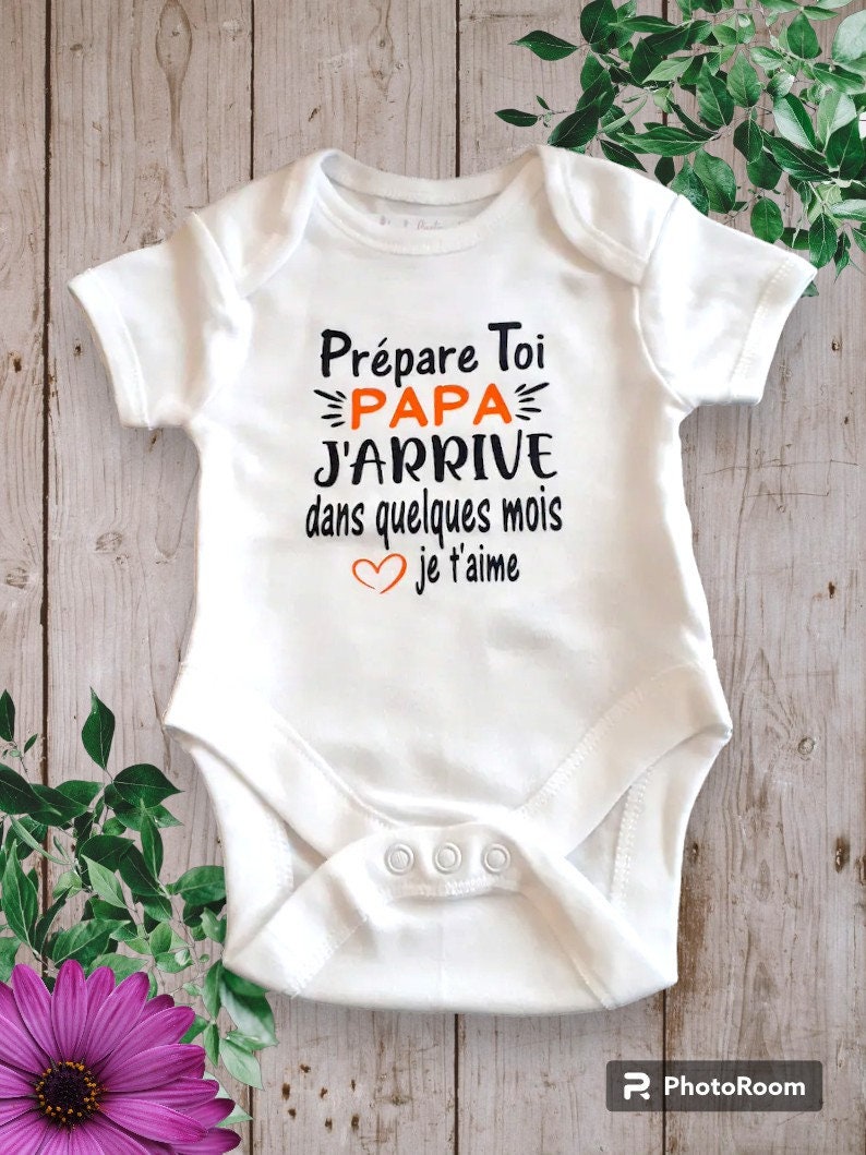 Bodie Body bébé personnalisé Annonces grossesse Prépare toi PAPA ou le mot de votre choix J'arrive dans quelques Mois Je t'aime Orange