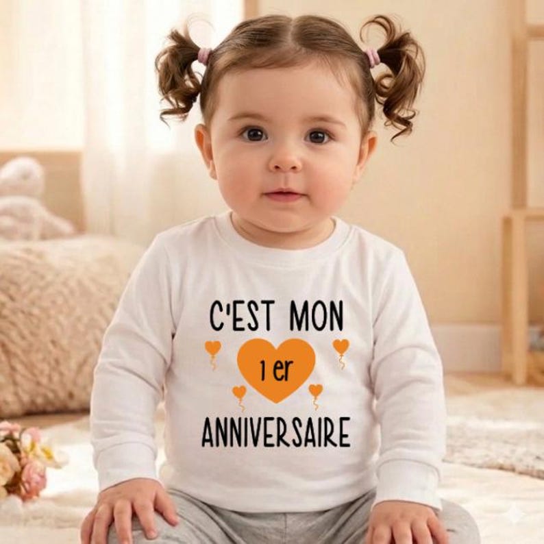 May include: A white long-sleeved shirt with the text "C'EST MON 1er ANNIVERSAIRE" in black. The "1er" is inside an orange heart, with small orange hearts around it. The shirt is worn by a baby with brown hair in pigtails.