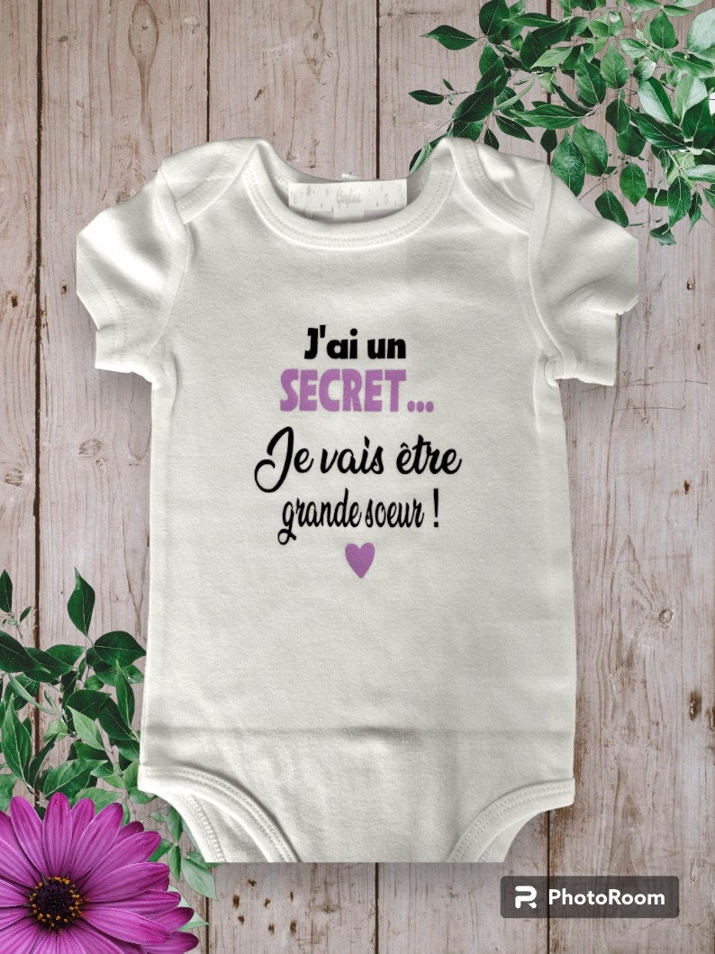 Bodies Body ou t-shirt bébé unisexe idéal pour Annoncer une grossesse J'ai un SECRET je vais être grande sœur ou grand frère, cousine ... image 6