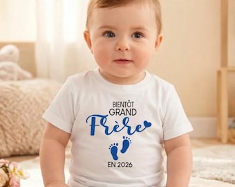 T-shirts Annonces grossesse "Bientôt Grande sœur en 2026 ou Bientôt Grand frère en 2026" au choix, disponibles également en body sur le site
