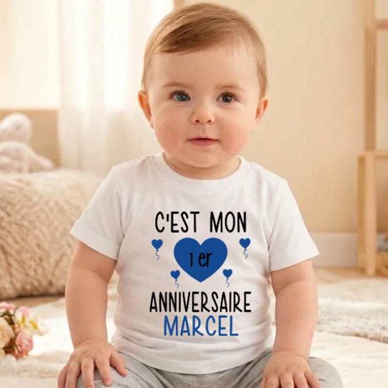 May include: White short-sleeved t-shirt with the text "C'EST MON 1er ANNIVERSAIRE MARCEL" in black and blue. The design includes a blue heart and small blue hearts. The shirt is for a baby.
