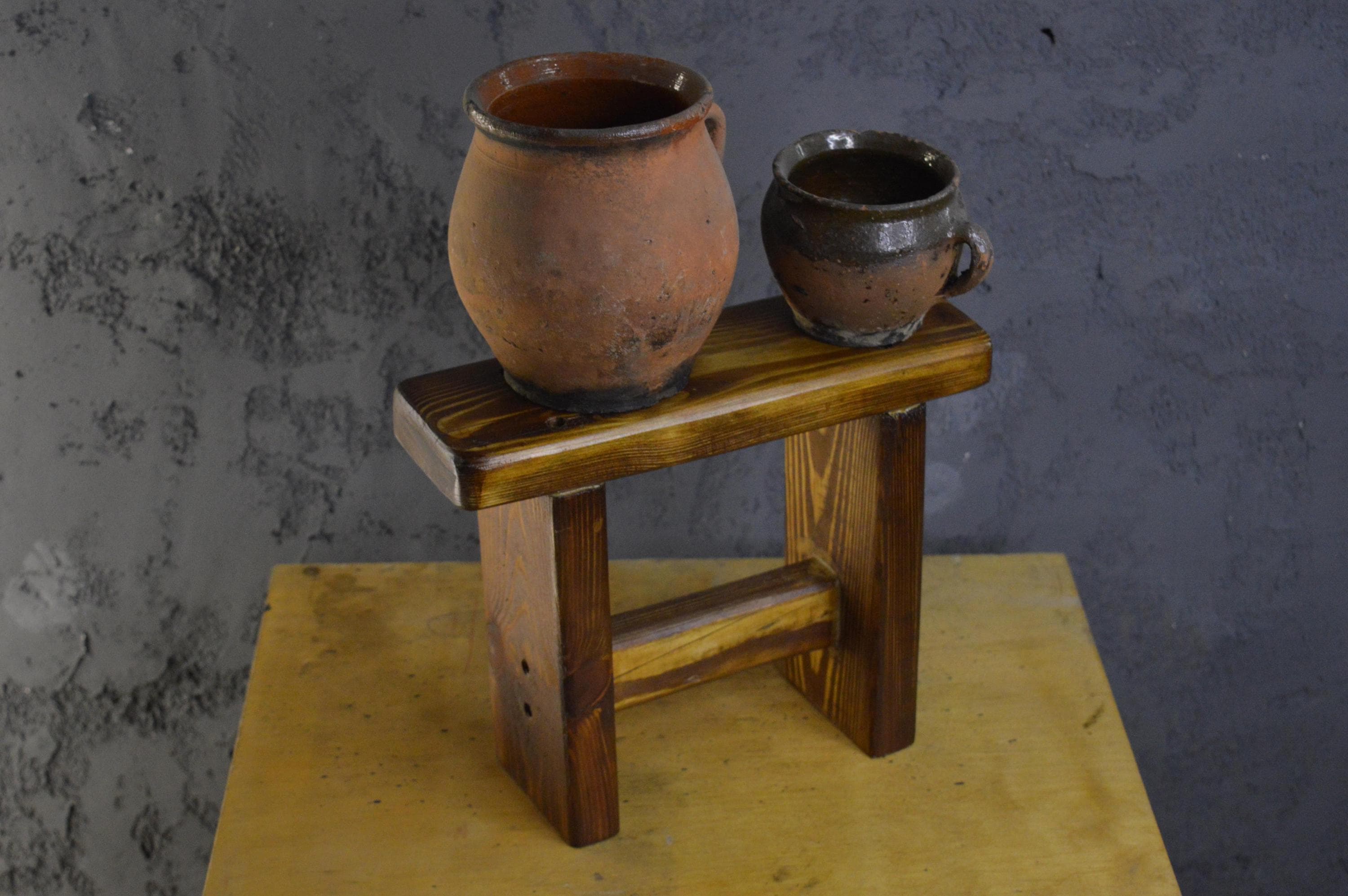 Small Vintage Wooden Stool – Rustic Handmade Plant Stand – Brown Mini ...