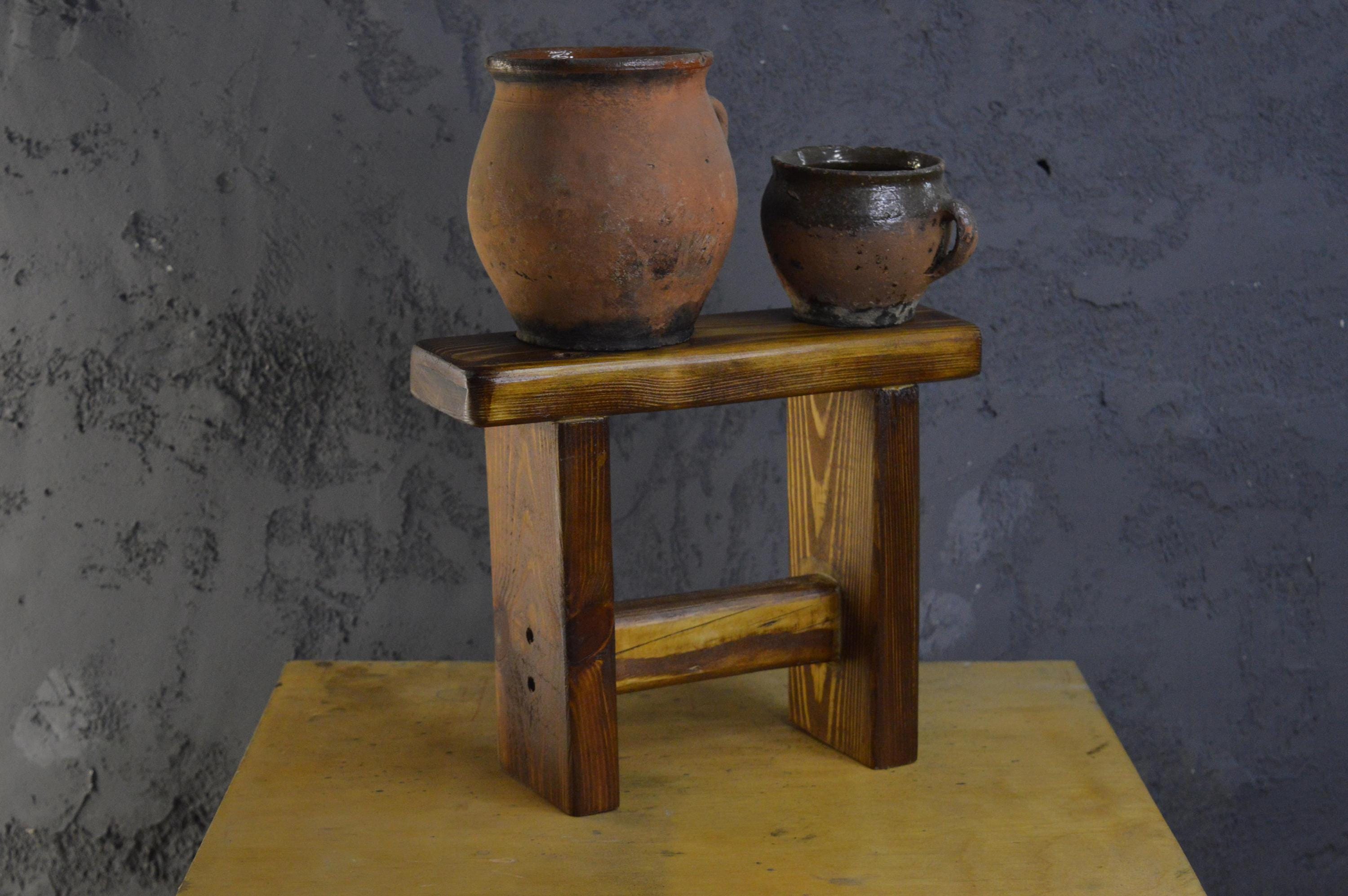 Small Vintage Wooden Stool – Rustic Handmade Plant Stand – Brown Mini ...