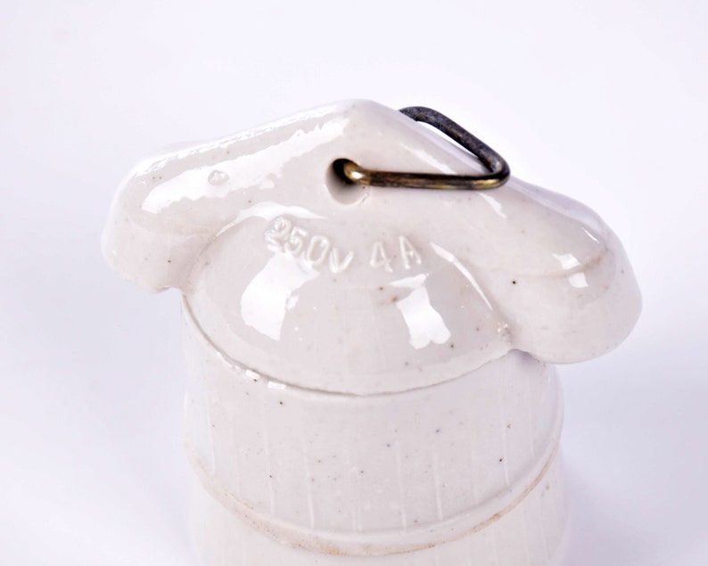 May include: A cream-colored ceramic electrical insulator with a metal loop. The insulator has the text "250V 4A" imprinted on its surface. The design features a rounded top and a cylindrical base, with vertical ridges.
