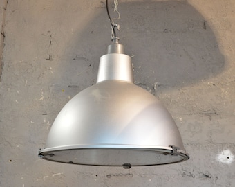 Large silver industrial factory pendant Lamp, Vintage street lamp, Sivler pendant lamp witth glass