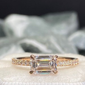 Emerald cut diamond ring, 14K rose gold engagement ring, 1.00 carat diamond