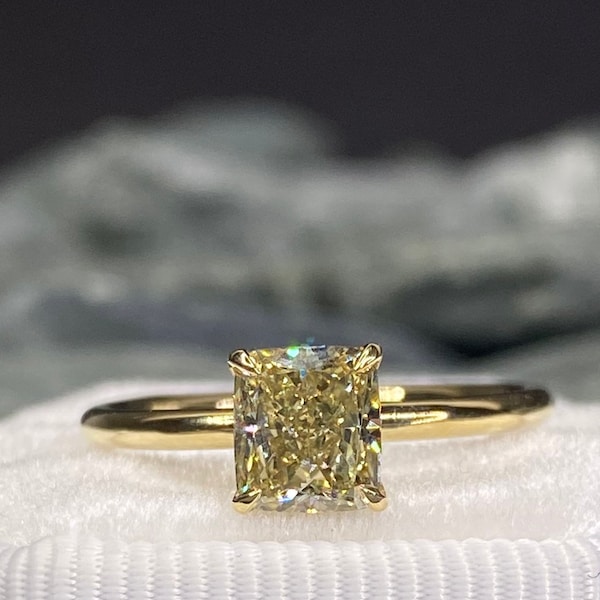 Cushion cut diamond ring, yellow gold engagement ring, fancy yellow