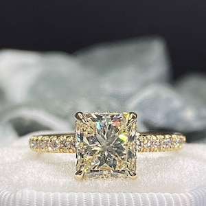 Radiant cut diamond ring, yellow gold engagement ring, 2.50 carat, engagement ring, anniversary ring,wedding ring, pave setting, hidden halo