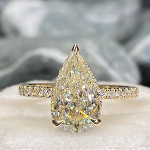 Pear shape cut diamond ring, 14K yellow gold engagement ring, 2 carat, anniversary  ring , wedding ring,hidden halo ring, pave&#39; setting