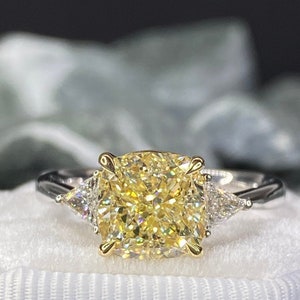 Cushion cut diamond ring, fancy yellow diamond, engagement ring
